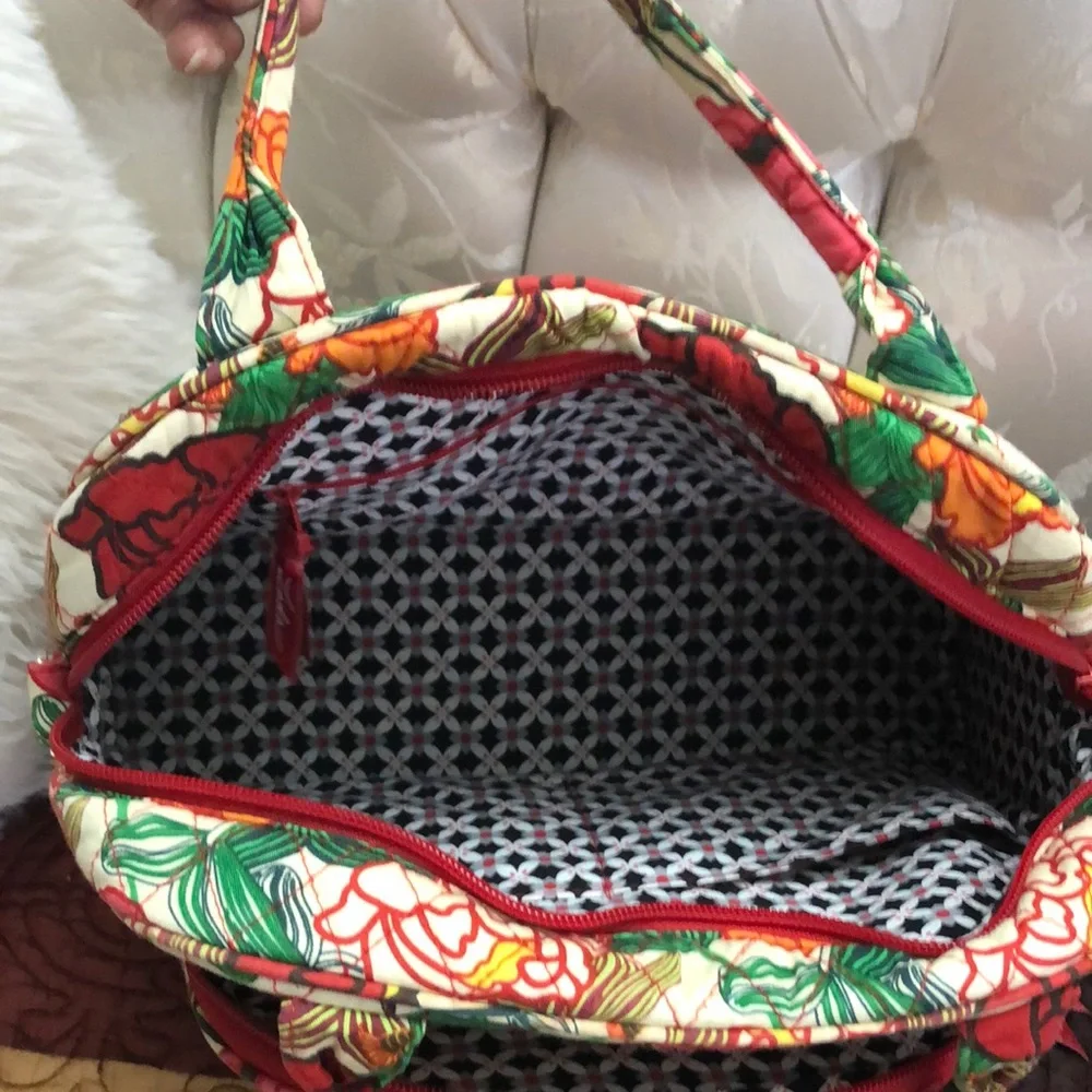Quilted Floral Accent Hand Bag in Cream, Red & Green